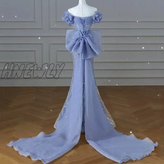 Hnewly Elegant Trumpet Blue Formal Evening Dress Women Luxury Beading Party Dresses Exquisite Train