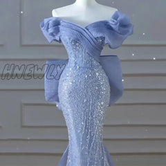 Hnewly Elegant Trumpet Blue Formal Evening Dress Women Luxury Beading Party Dresses Exquisite Train