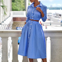 Hnewly Elegant Turn-Down Collar Button Blouse + Skirts Suit Autumn Fashion Striped Print Two Piece