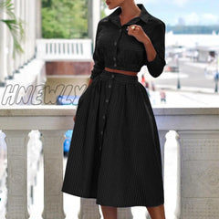 Hnewly Elegant Turn-Down Collar Button Blouse + Skirts Suit Autumn Fashion Striped Print Two Piece