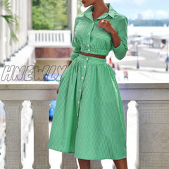Hnewly Elegant Turn-Down Collar Button Blouse + Skirts Suit Autumn Fashion Striped Print Two Piece