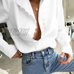 Hnewly Elegant Turtleneck Blouse Long Sleeve White Shirt Office Ladies Top Casual Solid