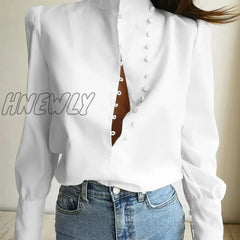 Hnewly Elegant Turtleneck Blouse Long Sleeve White Shirt Office Ladies Top Casual Solid