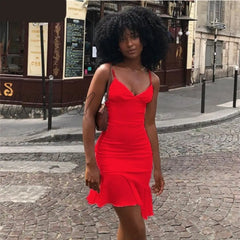 Hnewly Elegant V Neck Ruffles Strap Sexy Bodycon Dress For Women Summer Sleeveless Office Lady