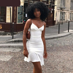 Hnewly Elegant V Neck Ruffles Strap Sexy Bodycon Dress For Women Summer Sleeveless Office Lady