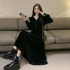 Hnewly Elegant Vintage Dress Women Long Sleeve Solid Black Party Female V - Neck Lace Midi Gothic