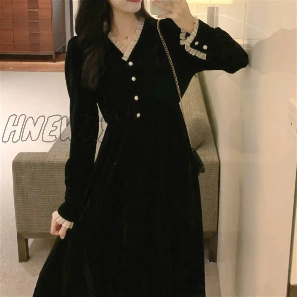 Hnewly Elegant Vintage Dress Women Long Sleeve Solid Black Party Female V - Neck Lace Midi Gothic