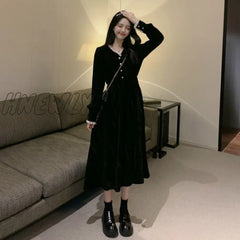 Hnewly Elegant Vintage Dress Women Long Sleeve Solid Black Party Female V - Neck Lace Midi Gothic