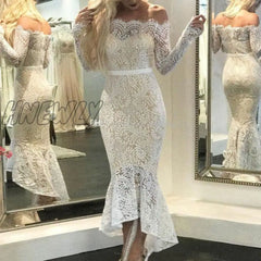 Hnewly Elegant White Party Dress For Bridal Lace Wedding Sexy Cold Shoulder Midi Social Festival