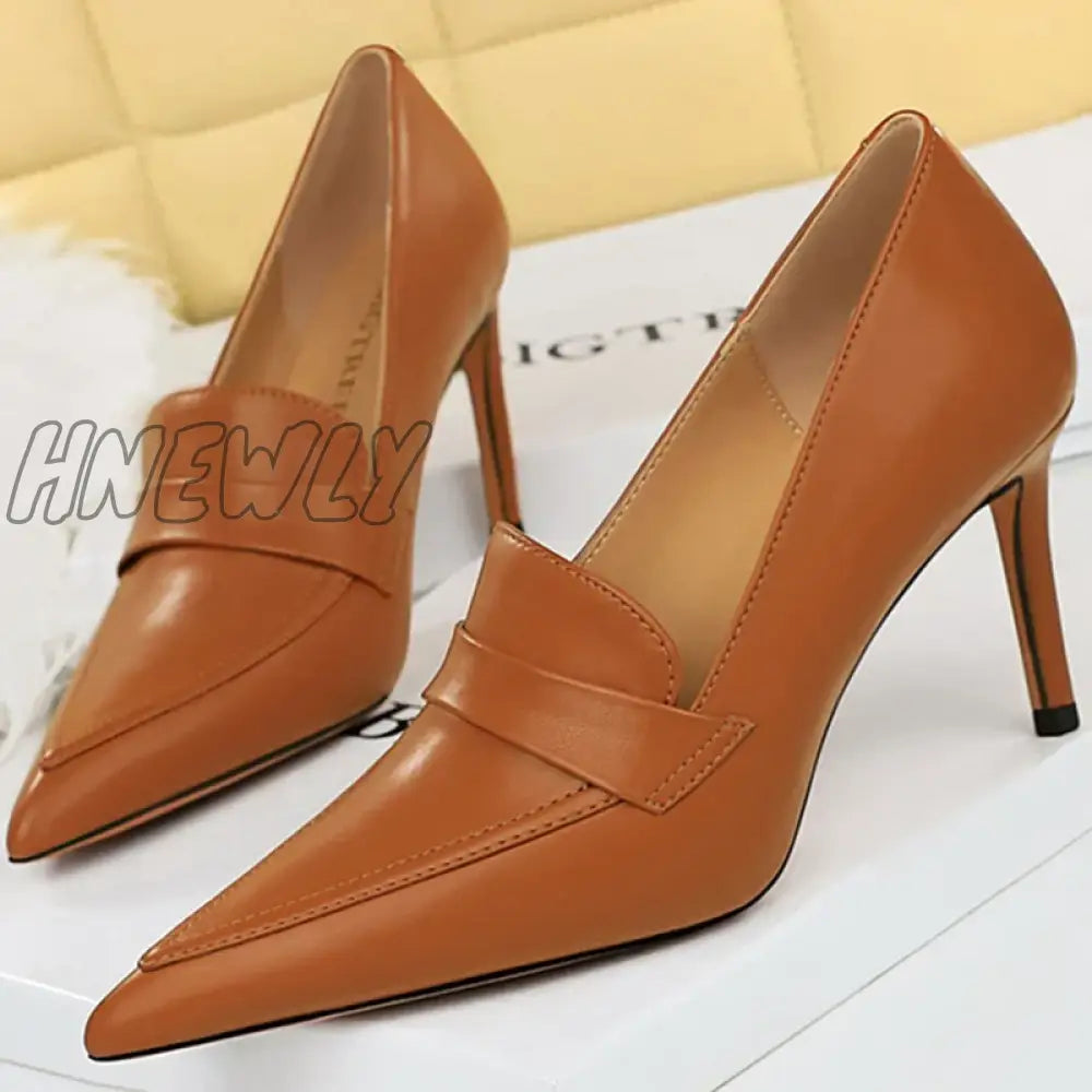 Hnewly Elegant Women 8Cm High Heels Pumps Wedding Bridal Classic Leather Retro Slip On Lady Brown