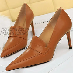 Hnewly Elegant Women 8Cm High Heels Pumps Wedding Bridal Classic Leather Retro Slip On Lady Brown