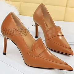 Hnewly Elegant Women 8Cm High Heels Pumps Wedding Bridal Classic Leather Retro Slip On Lady Brown