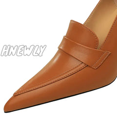 Hnewly Elegant Women 8Cm High Heels Pumps Wedding Bridal Classic Leather Retro Slip On Lady Brown