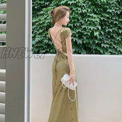 Hnewly Elegant Women Green Satin Backless Mixi Dress Palace Short Sleeve Lace V - Neck Bandage