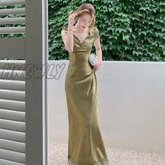 Hnewly Elegant Women Green Satin Backless Mixi Dress Palace Short Sleeve Lace V - Neck Bandage