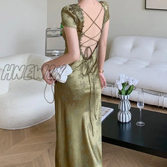 Hnewly Elegant Women Green Satin Backless Mixi Dress Palace Short Sleeve Lace V - Neck Bandage