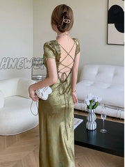 Hnewly Elegant Women Green Satin Backless Mixi Dress Palace Short Sleeve Lace V - Neck Bandage