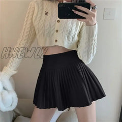 Hnewly Elegant Woolen Pleated Mini Skirt Women Cute Autumn Winter Korean Fashion High Waist Solid