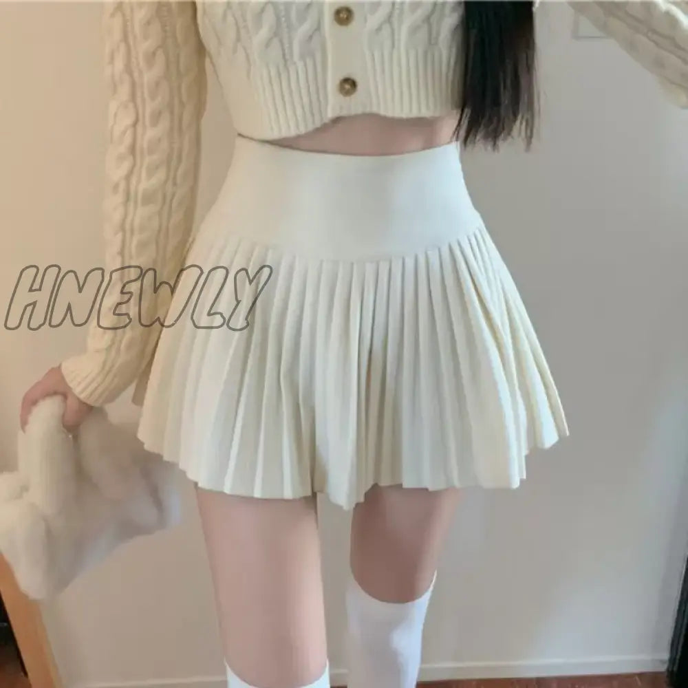 Hnewly Elegant Woolen Pleated Mini Skirt Women Cute Autumn Winter Korean Fashion High Waist Solid