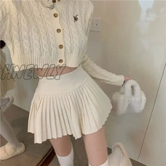 Hnewly Elegant Woolen Pleated Mini Skirt Women Cute Autumn Winter Korean Fashion High Waist Solid