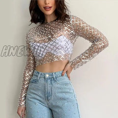Hnewly Embroidered Flares Glitter Sexy T-Shirt Women O Neck Full Sleeve Crop Top Ladies Mesh Shiny