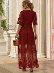 Hnewly Embroidery Lace Hollow Out Maxi Dress For Women Summer Beach Vacation V Neck Elegant Pink