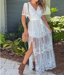 Hnewly Embroidery Lace Hollow Out Maxi Dress For Women Summer Beach Vacation V Neck Elegant Pink