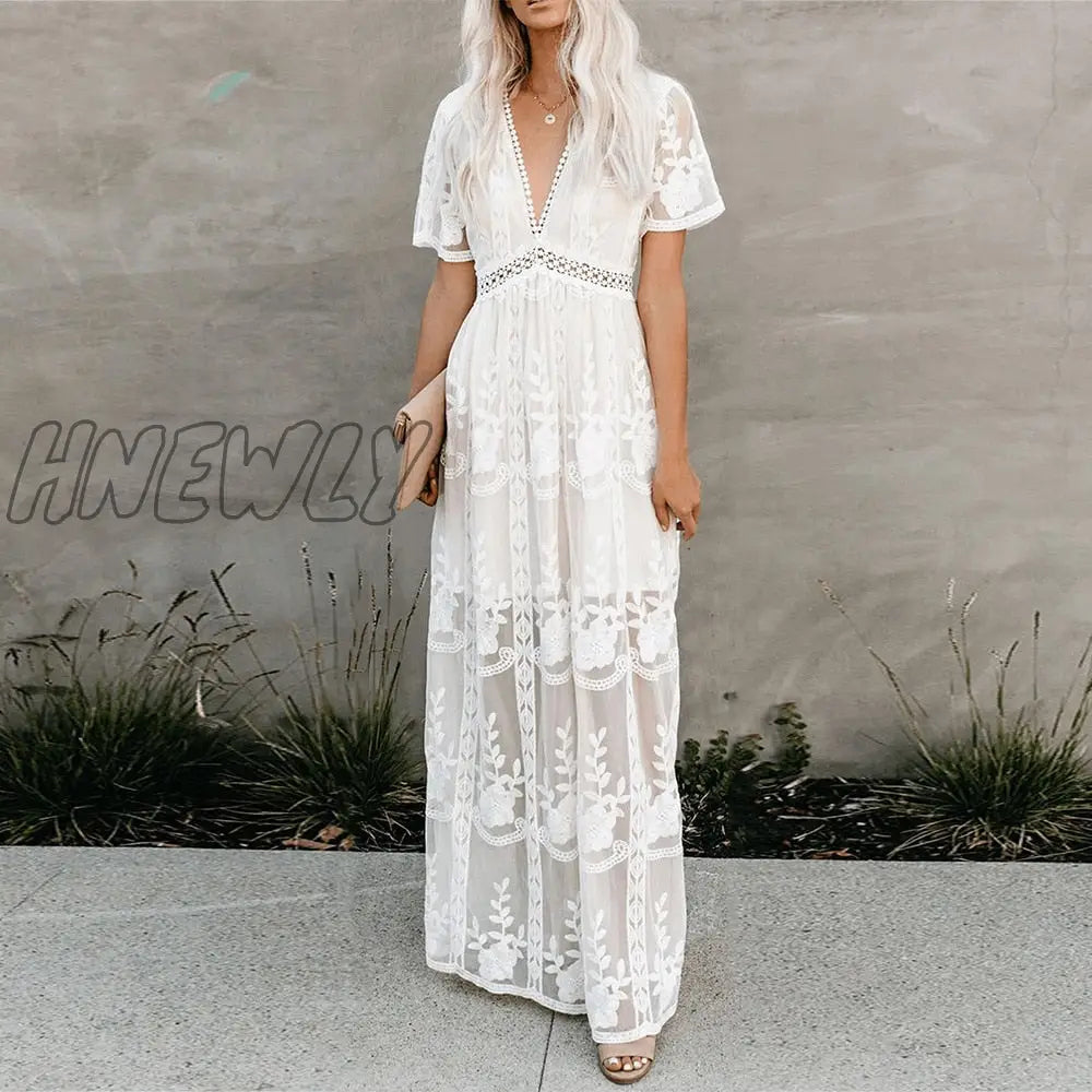 Hnewly Embroidery Lace Hollow Out Maxi Dress For Women Summer Beach Vacation V Neck Elegant Pink