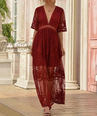 Hnewly Embroidery Lace Hollow Out Maxi Dress For Women Summer Beach Vacation V Neck Elegant Pink