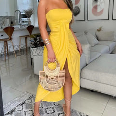 Hnewly Evening Party Clubwear Women Midi Dress Office Lady Work Formal Sexy Front Split Skinny