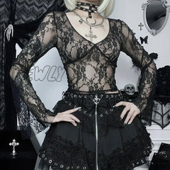 Hnewly Fairy Cottage Floral Lace Crop Tops Women Korean Long Sleeve Slim Fit Tees Y2K Vintage V