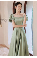 Hnewly Fairy Green Satin Prom Dress Puff Short Sleeve Lace-Up Floor Length Elegant Evening Gown
