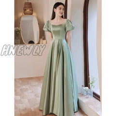 Hnewly Fairy Green Satin Prom Dress Puff Short Sleeve Lace-Up Floor Length Elegant Evening Gown