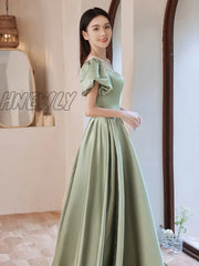 Hnewly Fairy Green Satin Prom Dress Puff Short Sleeve Lace-Up Floor Length Elegant Evening Gown