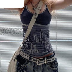 Hnewly Fairy Grunge Black Ribbed Tank Top Gothic Y2K Clothes Aesthetic Hippie Crop Summer Camisole
