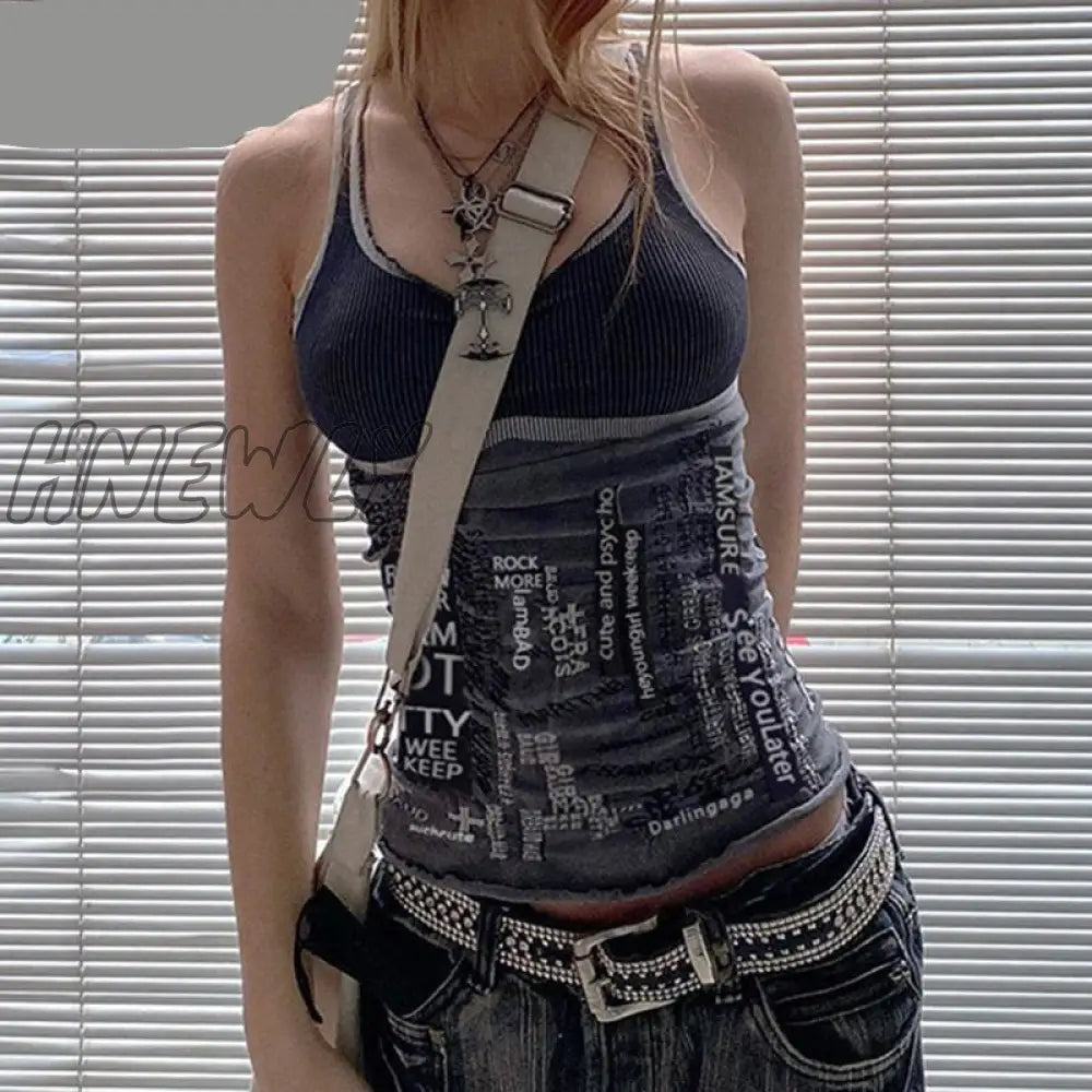 Hnewly Fairy Grunge Black Ribbed Tank Top Gothic Y2K Clothes Aesthetic Hippie Crop Summer Camisole