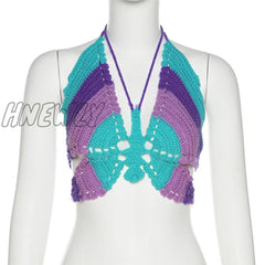 Hnewly Fairy Grunge Butterfly Crochet Halter Crop Top Y2K Vintage Knitted Hollow Out Camisole Sexy