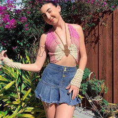 Hnewly Fairy Grunge Butterfly Crochet Halter Crop Top Y2K Vintage Knitted Hollow Out Camisole Sexy