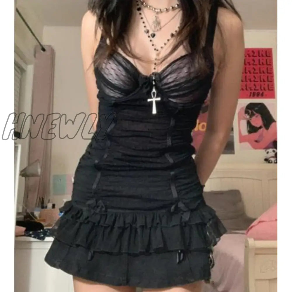 Hnewly Fairy Grunge Lace Dress Y2K Women Sleeveless Pleated Kawaii Gothic Aesthetic Dresses Anime