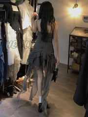 Hnewly Fairy Grunge Ruffles Mini Dress Women Sexy Gothic V-Neck Irregular Patchwork Backless