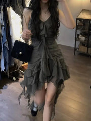 Hnewly Fairy Grunge Ruffles Mini Dress Women Sexy Gothic V-Neck Irregular Patchwork Backless