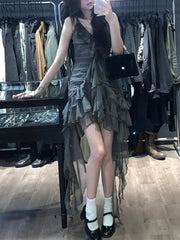 Hnewly Fairy Grunge Ruffles Mini Dress Women Sexy Gothic V-Neck Irregular Patchwork Backless