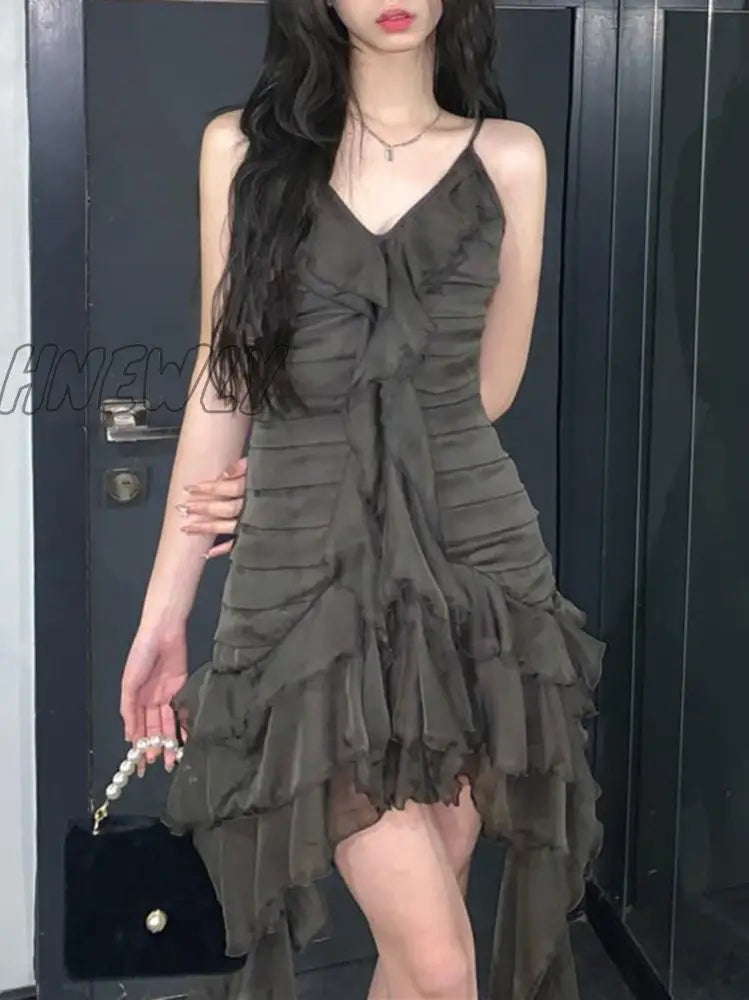Hnewly Fairy Grunge Ruffles Mini Dress Women Sexy Gothic V-Neck Irregular Patchwork Backless