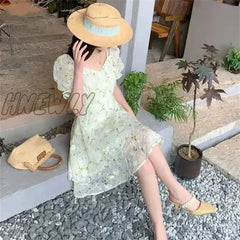 Hnewly Fairycore Floral Embroidery Dresses Female French Temperament Light Green Mini Dress Women