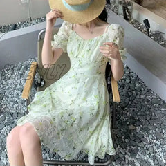 Hnewly Fairycore Floral Embroidery Dresses Female French Temperament Light Green Mini Dress Women