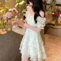 Hnewly Fairycore Floral Embroidery Dresses Female French Temperament Light Green Mini Dress Women