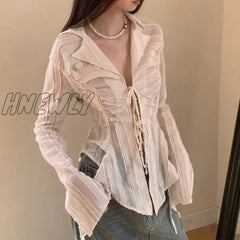 Hnewly Fairycore Lace Up Blouse Women Long Sleeve Spring 2024 New Turn-Down Collar Shirt Ladies
