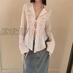Hnewly Fairycore Lace Up Blouse Women Long Sleeve Spring 2024 New Turn-Down Collar Shirt Ladies