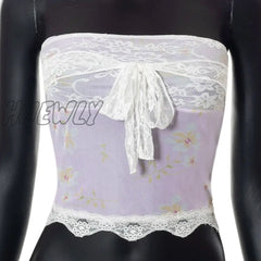 Hnewly Fairycore Tube Top Y2K Aesthetic Floral Lace Patchwork Strapless Off Shoulder Tanks Women