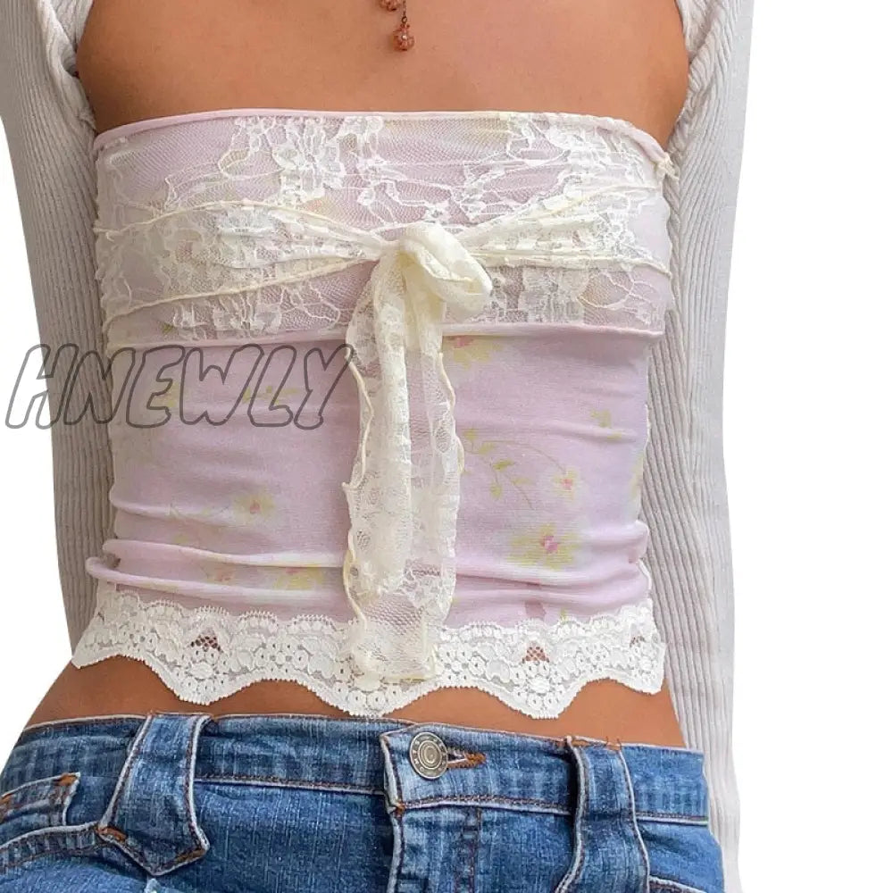 Hnewly Fairycore Tube Top Y2K Aesthetic Floral Lace Patchwork Strapless Off Shoulder Tanks Women